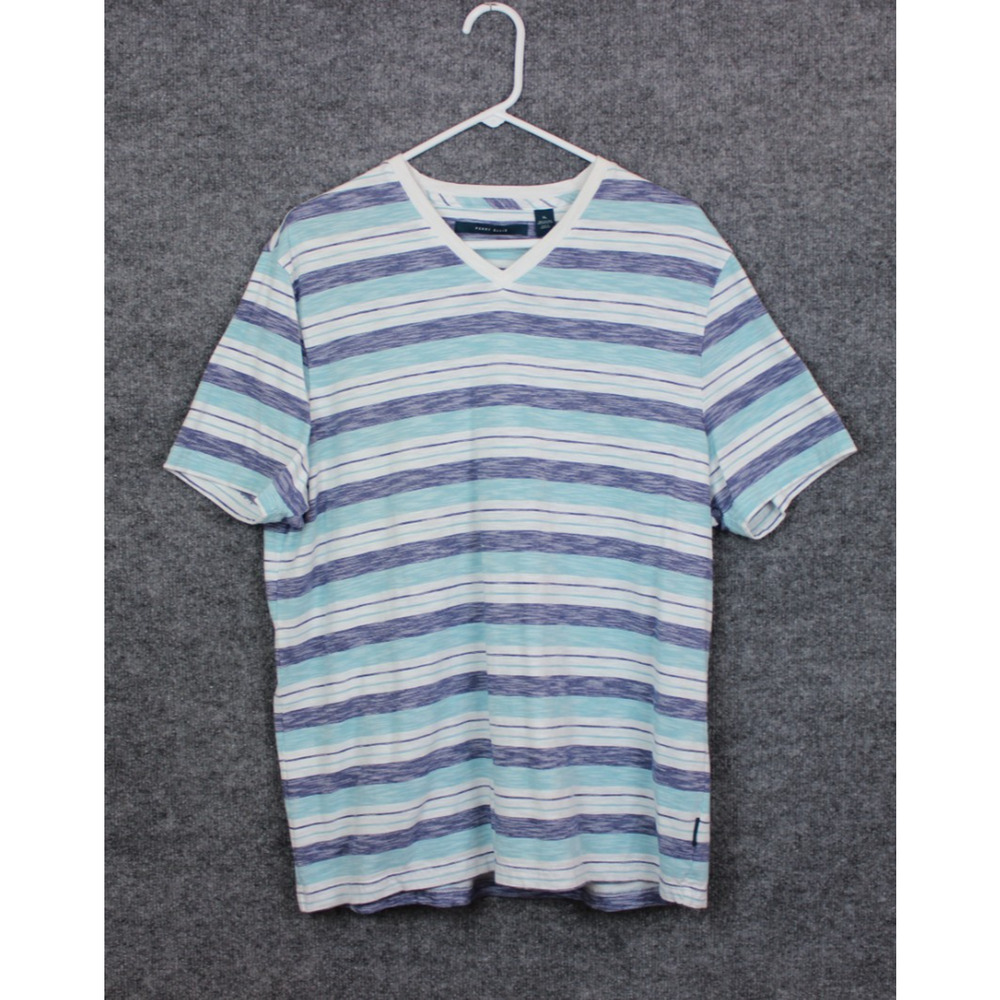 Perry Ellis T-Shirt Men's XL White and Blue Strips Short Sleeve Cotton‎